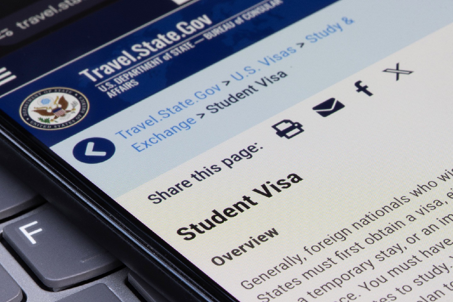 A government webpage about student visas.